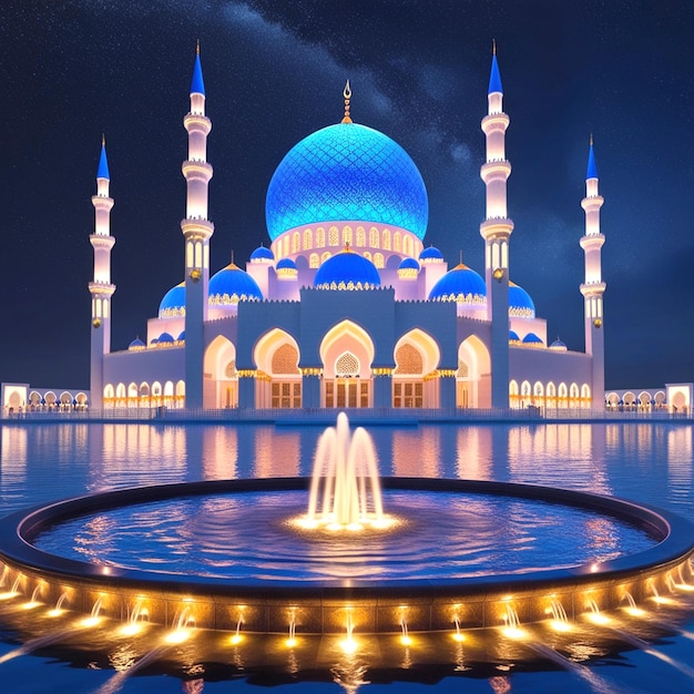 a mosque with a reflection of a building in the water