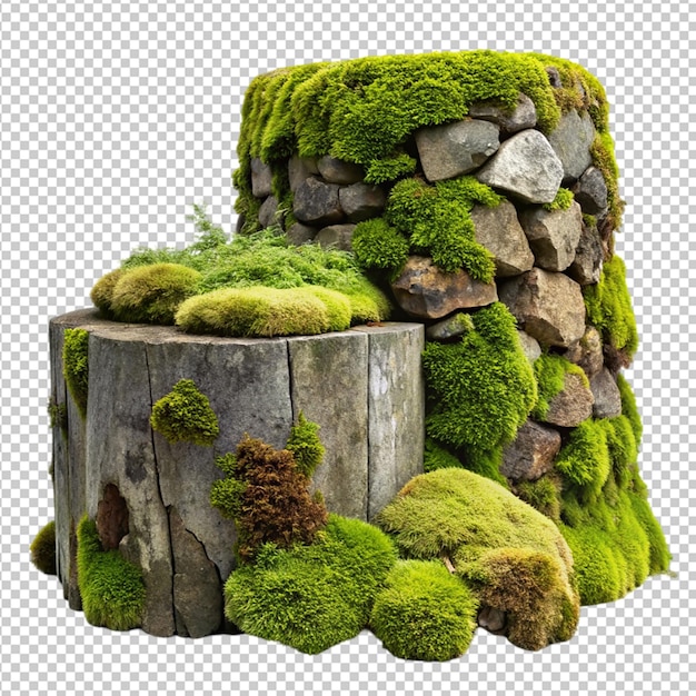 PSD mossy stone wall and mossy stump surrounded on transparent background