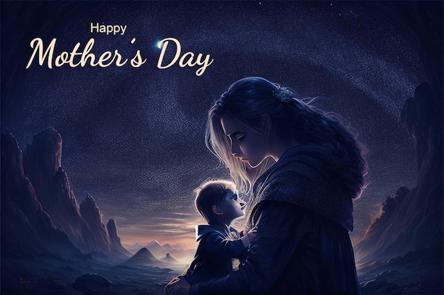 A mother and child embracing under a starlit sky PSD Banner