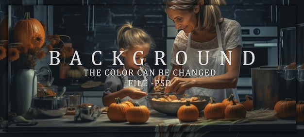 PSD mother and daughter baking pumpkin treats together