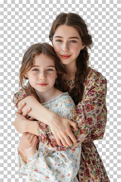 PSD mother and daughter hug alone against transparent background