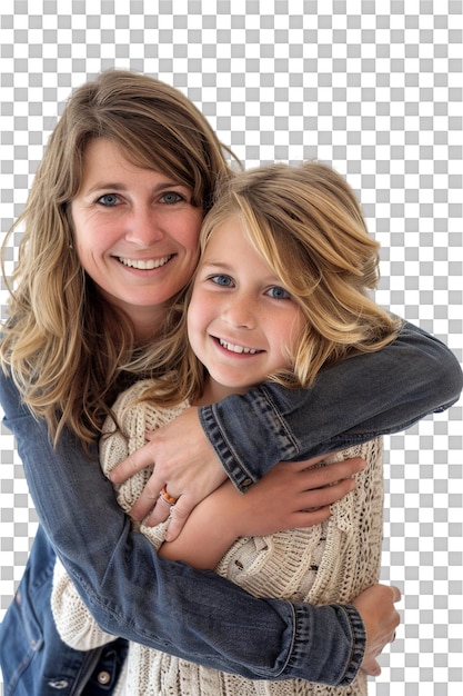 PSD mother and daughter hug alone against transparent background