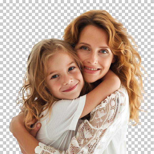 Mother and daughter hug alone against transparent background