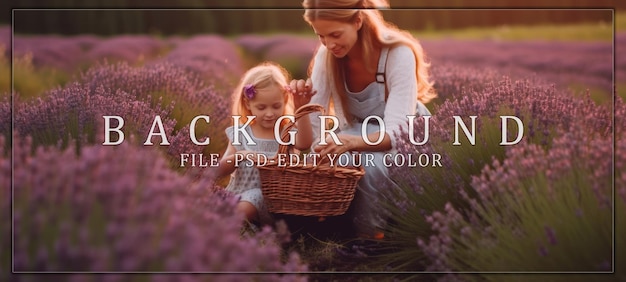 PSD mother and daughter picking lavender in a field