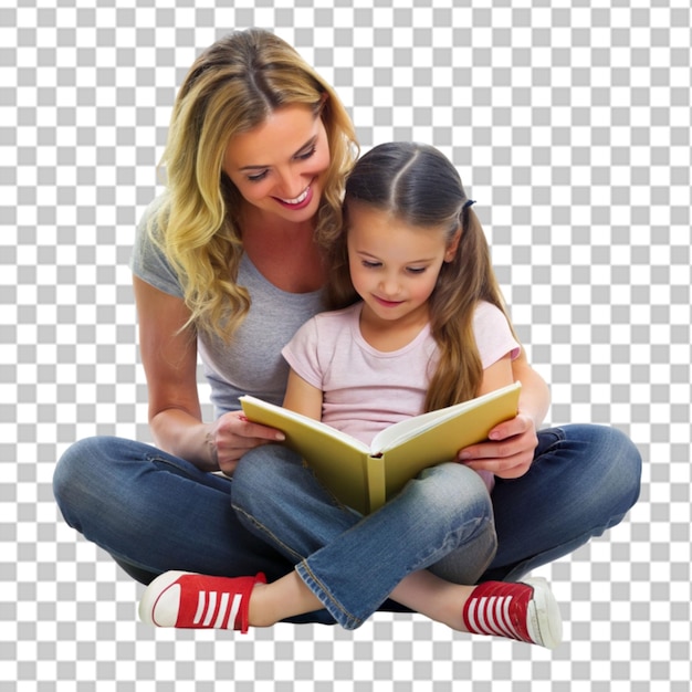 PSD mother and daughter reading book on flor isolated on transparent background