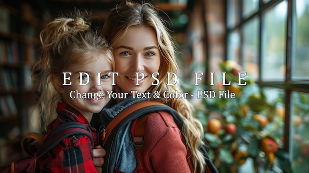 PSD mother and daughter sharing a backpack and a smile