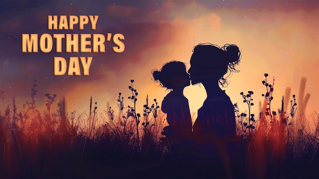 PSD mother day card with silhouette of a young mother lovingly kissing her little child