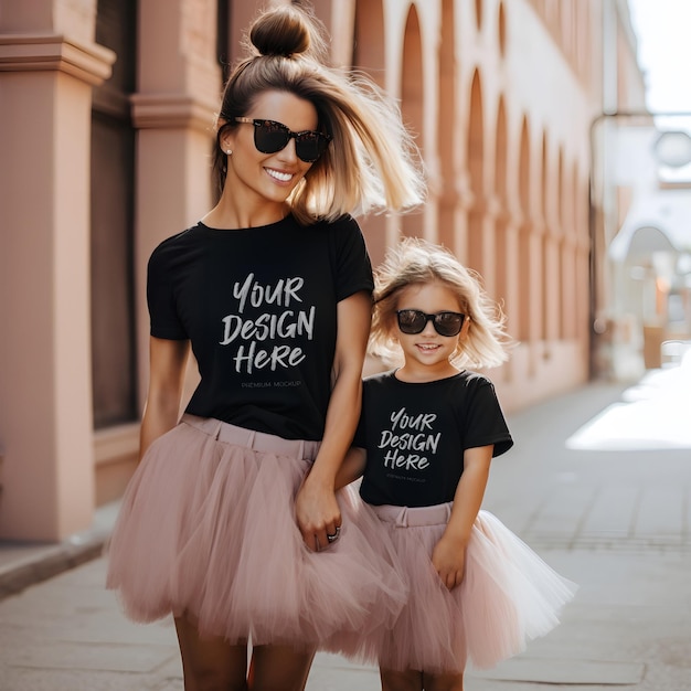 Mother and doughter wearing a black t shirt mock up