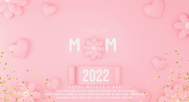 Mother's Day social media banner on a pink background with unique luxury floral ornaments with 3d