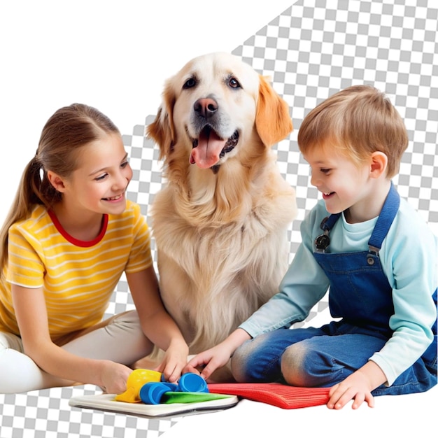 PSD mother and son playing with corgi dog