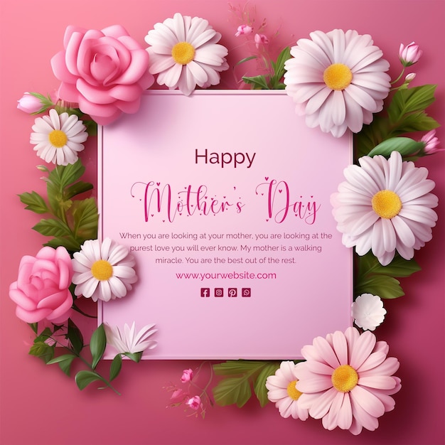 Mothers Day concept greetings card outside design with roses and daisy flowers on pink background