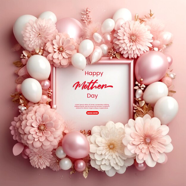 Mothers day greeting and invitation card and social media post template with flower