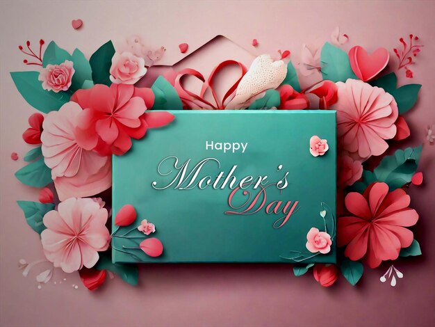 mothers day poster with gift box and flowers love on pink background