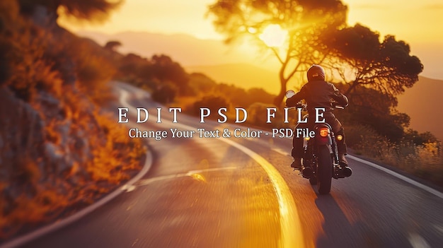 PSD motorcycle rider on winding road at sunset