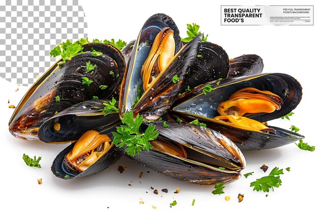 PSD moules marinieres fresh mussels steamed in white wine on transparent background