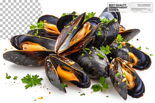 PSD moules marinieres fresh mussels steamed in white wine on transparent background