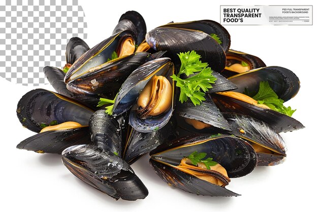 PSD moules marinieres fresh mussels steamed in white wine on transparent background