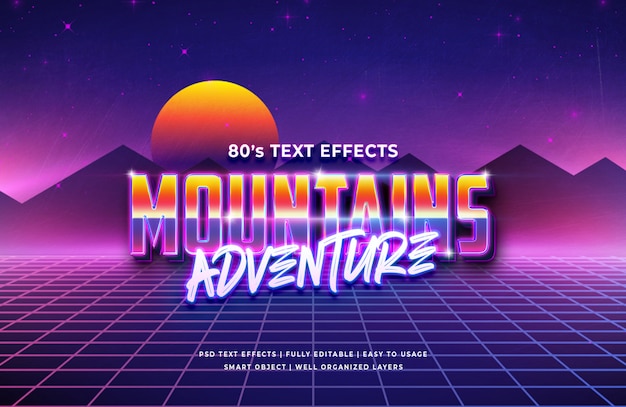 PSD mountain adventure 80's retro text effect 