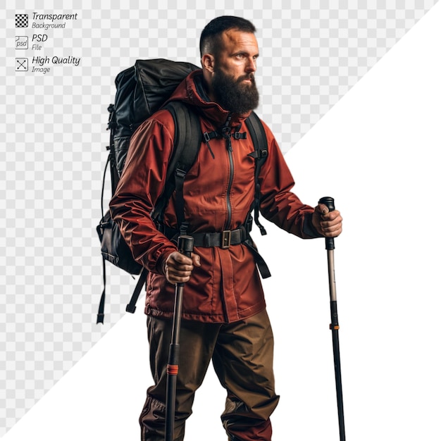 PSD mountain hiker in red jacket with backpack on transparent background