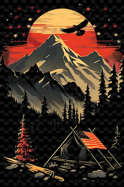 Mountain Landscape With a Campaign Tent and Eagle for Electi Flat Illustration Poster Design