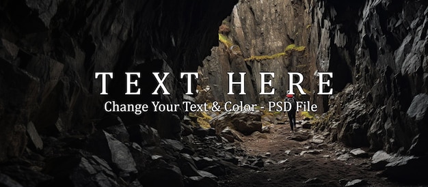 PSD mountain rocks with contrast texture and a dark cave entrance with a girl walking in to explore the hollow