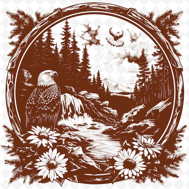 PSD mountain waterfall landscape with eagle and wildflowers rust illustration outline art collections