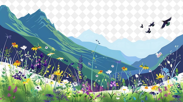 PSD a mountain with flowers and a bird flying over it