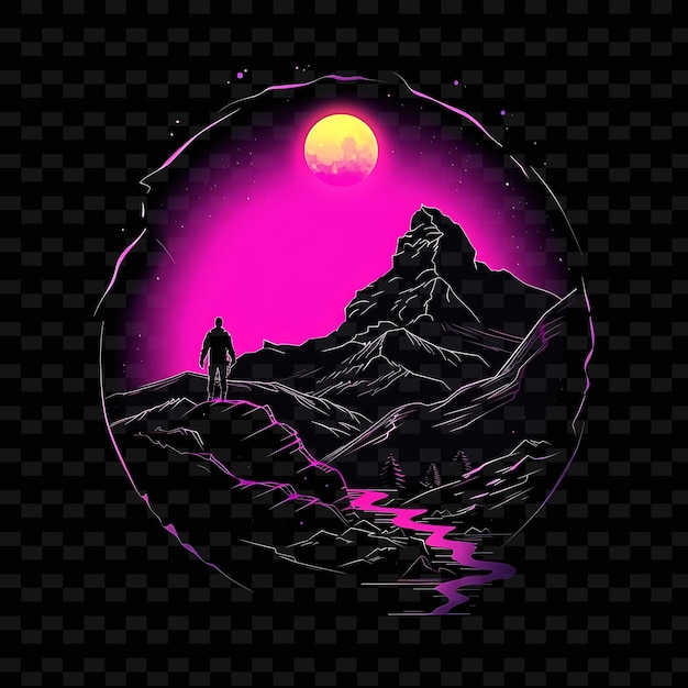 a mountain with a man standing in front of a purple moon