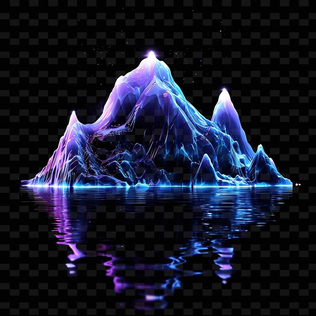 PSD a mountain with purple and blue lights reflected in the water