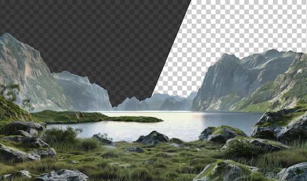 PSD mountainous landscape with tranquil lake and lush vegetation cut out stock png