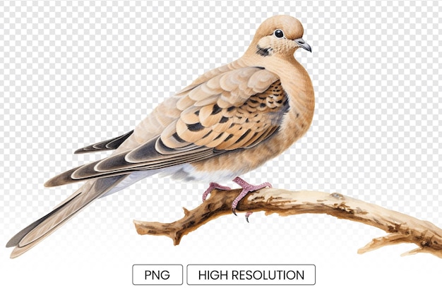 A mourning dove perched on a branch with a transparent background