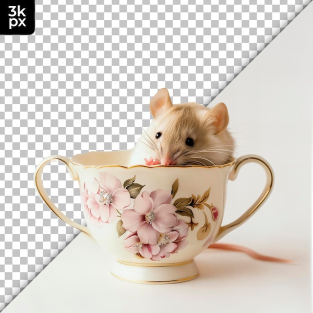 a mouse in a teacup is sitting in a tea cup