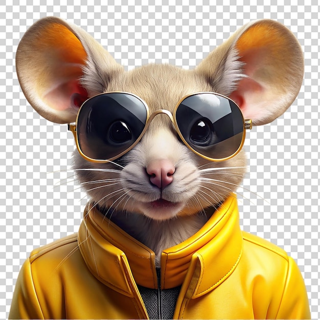 Mouse wearing sunglasses and yellow jacket portrait isolated on transparent background