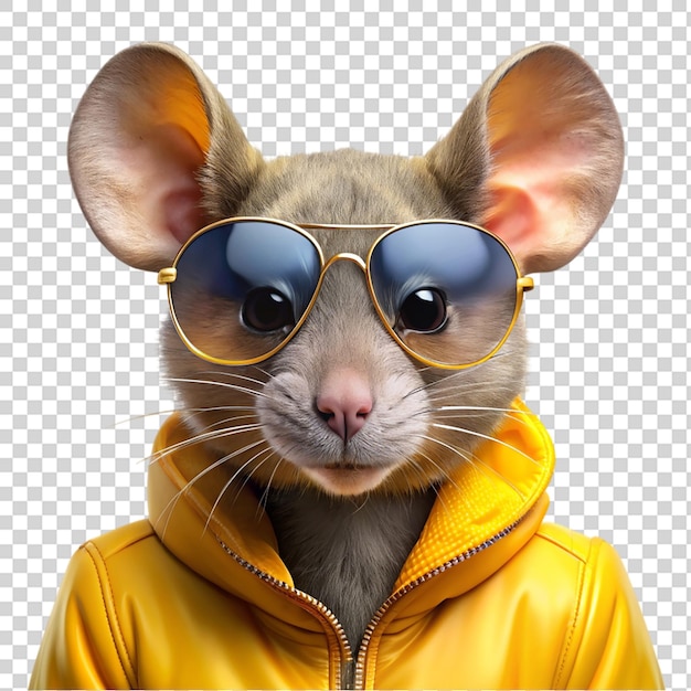 Mouse wearing sunglasses and yellow jacket portrait isolated on transparent background