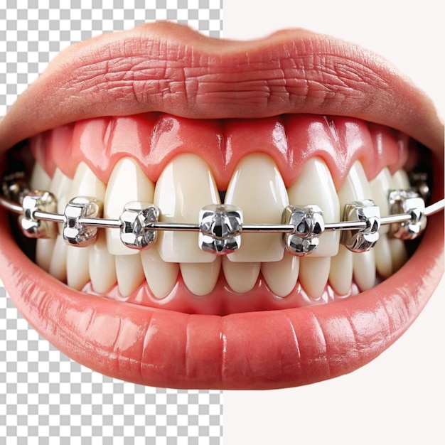 PSD mouth with teeth braces on transparent background