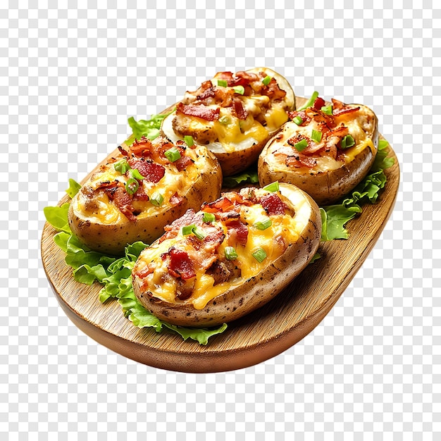 Mouthwatering baked stuffed potatoes with bacon cheese and lettuce isolated transparently