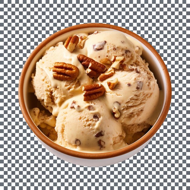 PSD mouthwatering butter pecan ice cream with buttery pecans in a bowl against a transparent background