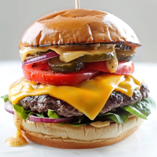 PSD a mouthwatering cheeseburger stacked with juicy ingredients