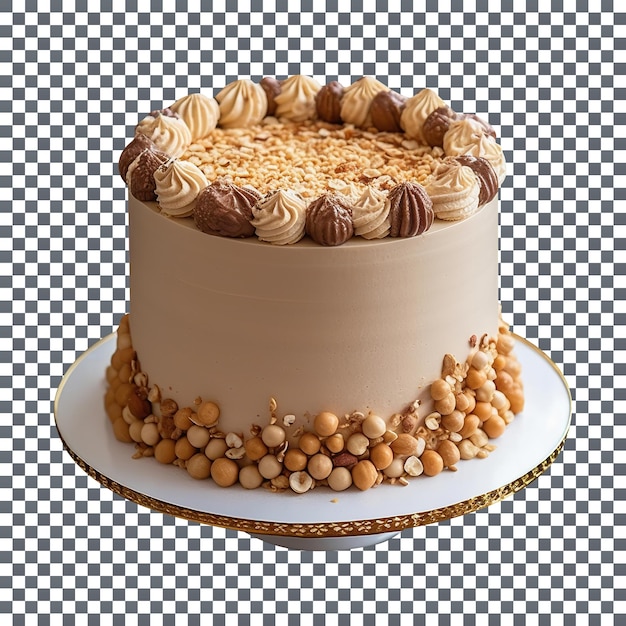 Mouthwatering decorated hazelnuts cake on transparent background