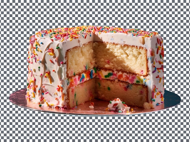 Mouthwatering decorated rainbow sprinkles cake with a slice cut out on transparent background