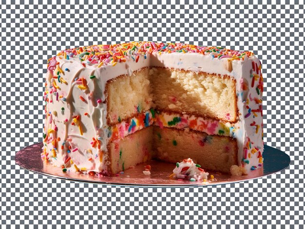 PSD mouthwatering decorated rainbow sprinkles cake with a slice cut out on transparent background