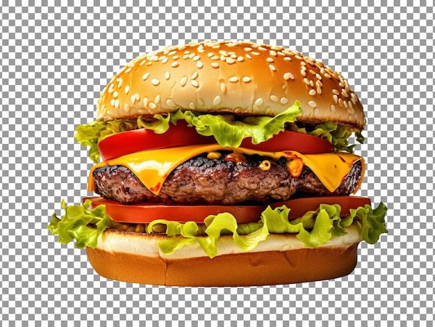 Mouthwatering hamburger with tomato cheese and beef patty on transparent background