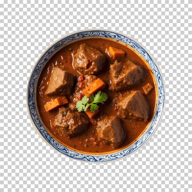 PSD mouthwatering mutton curry in a bowl on a plastic pan isolated on a transparent background