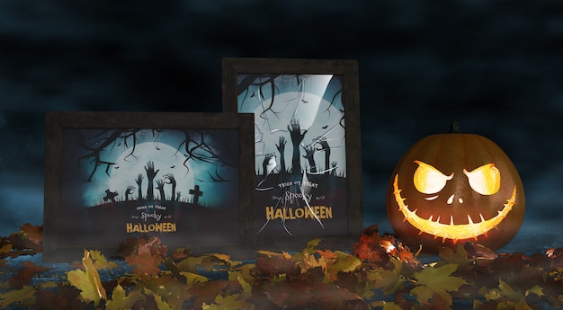 Movie posters for halloween celebration with scary pumpkin 