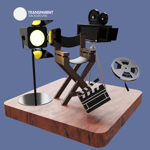 A movie projector sits on a wooden base with a movie projector on it.