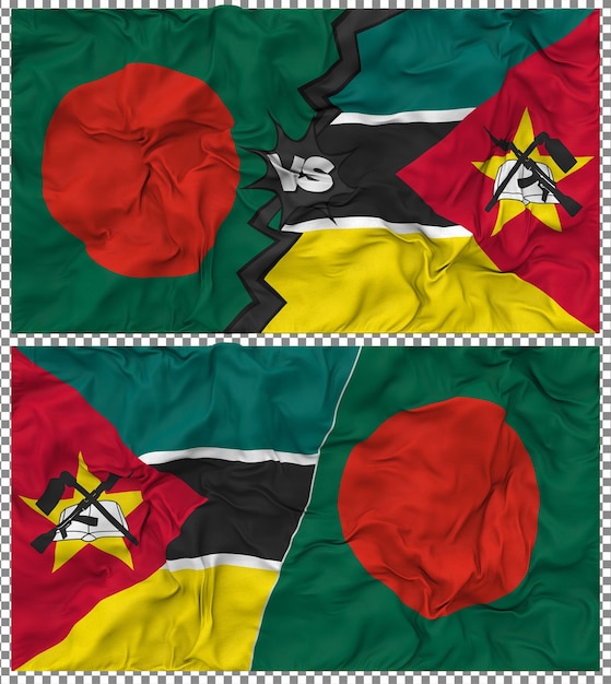 Mozambique vs Bangladesh Half Combined Flag Cloth Bump Texture 3D Rendering