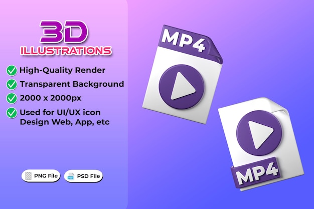 MP4 File Type 3D rendering on transparent background Ui UX icon design web and app trend