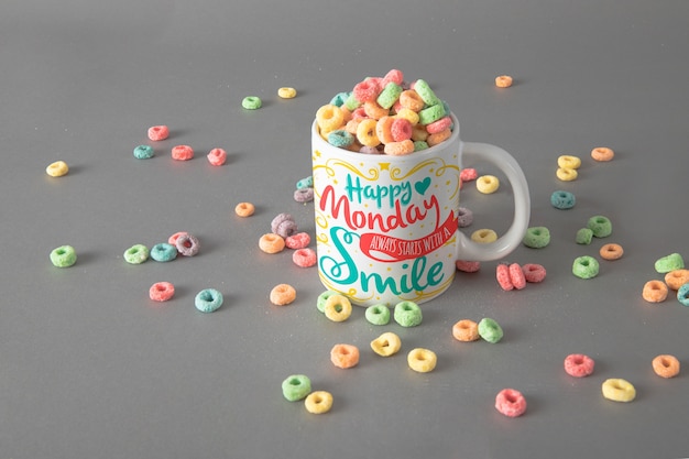 Mug mockup with colorful cereals