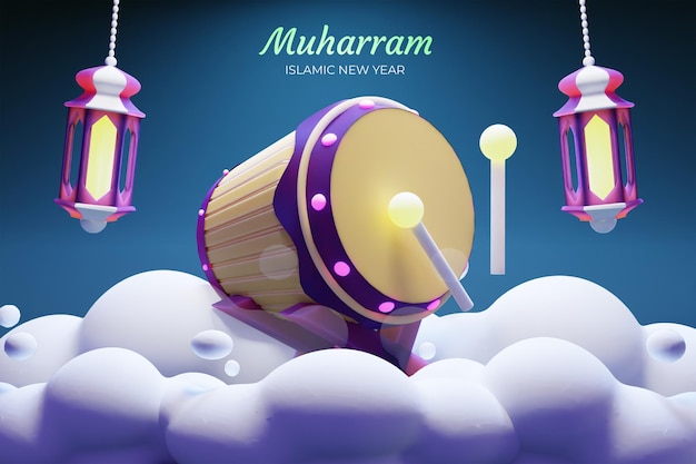 Muharram background with 3d hanging lanterns clouds and drum