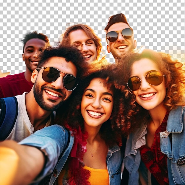 PSD multi racial guys and girls taking selfie outdoors with backlight happy life style friendship concept on young multiracial best friends having fun day together in barcelona city warm vivid filter